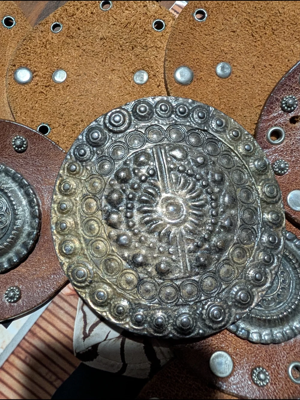 Neiman Marcus Brown Leather Belt with Ornate Silver-Tone Medallions